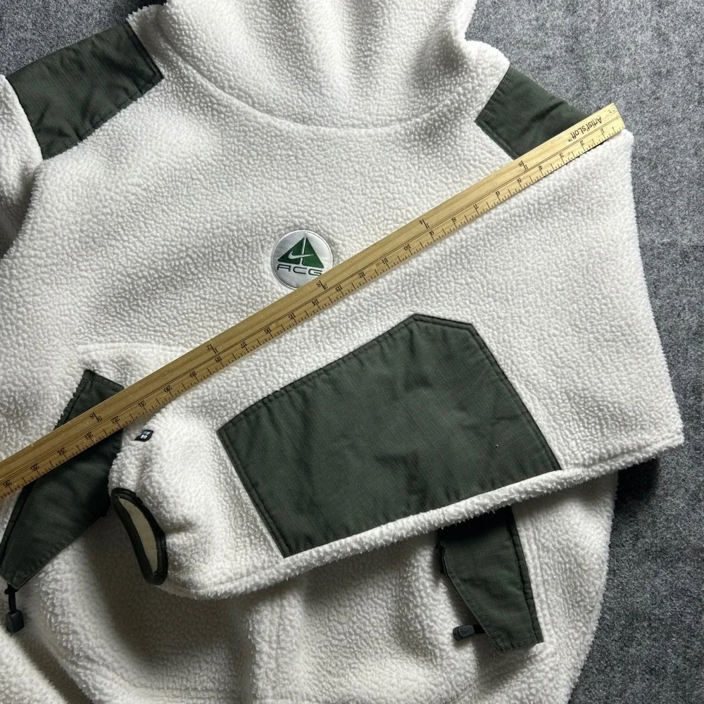 Nike ACG Sherpa Fleece Balaclava Hoodie Cream Olive Green Size Large Baggy Y2K